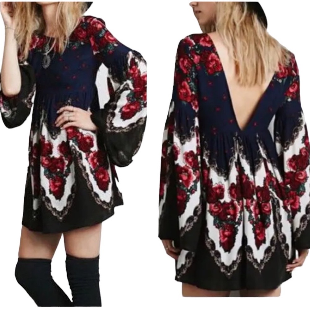 Free People Falling Tapestry Floral Rose Draped Bell Sleeve Peasant Dress - S
